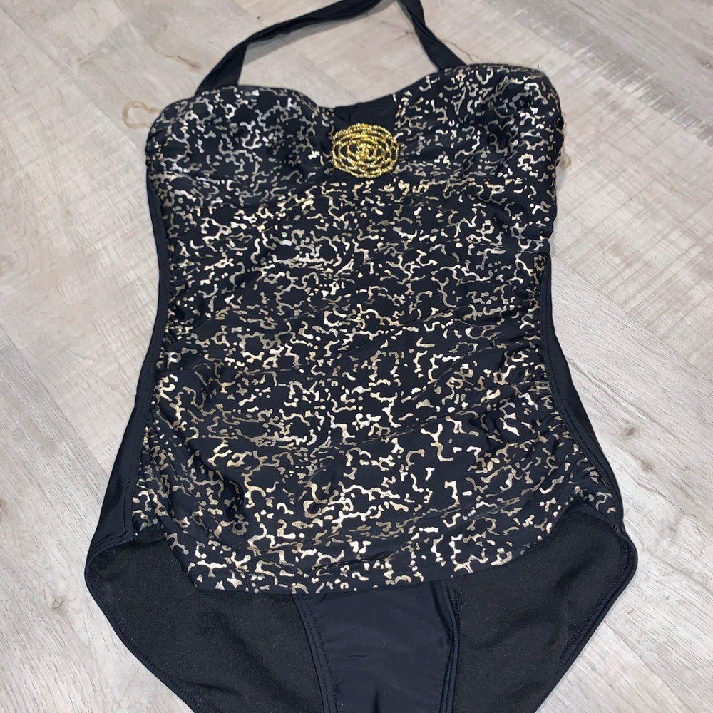 Chuck Hardy swim- Elegant Black and Gold Women's One-Piece Swimsuit. Great condi